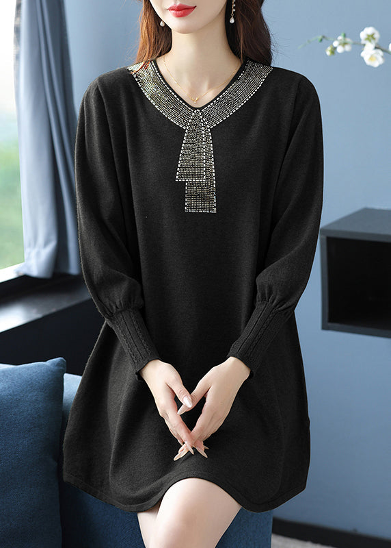 Tea Green V Neck Zircon Woolen Sweater Dress Winter