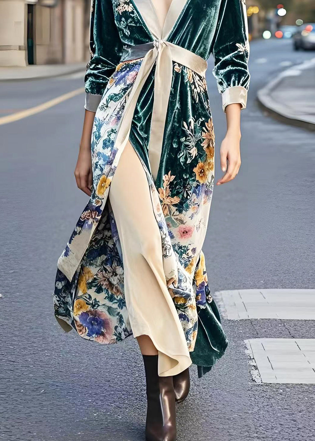 Peacock Green Cinched Print Side Open Silk Velvet Dresses Spring