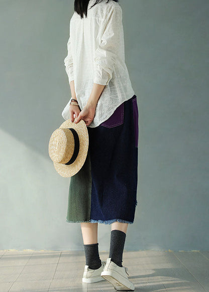 Colorblock Elastic Waist Pockets Patchwork Hole Cotton Denim Skirts Fall