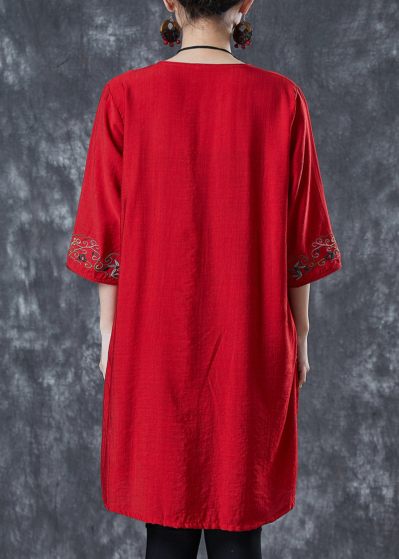 Red Embroidered Linen Mid Dresses Summer