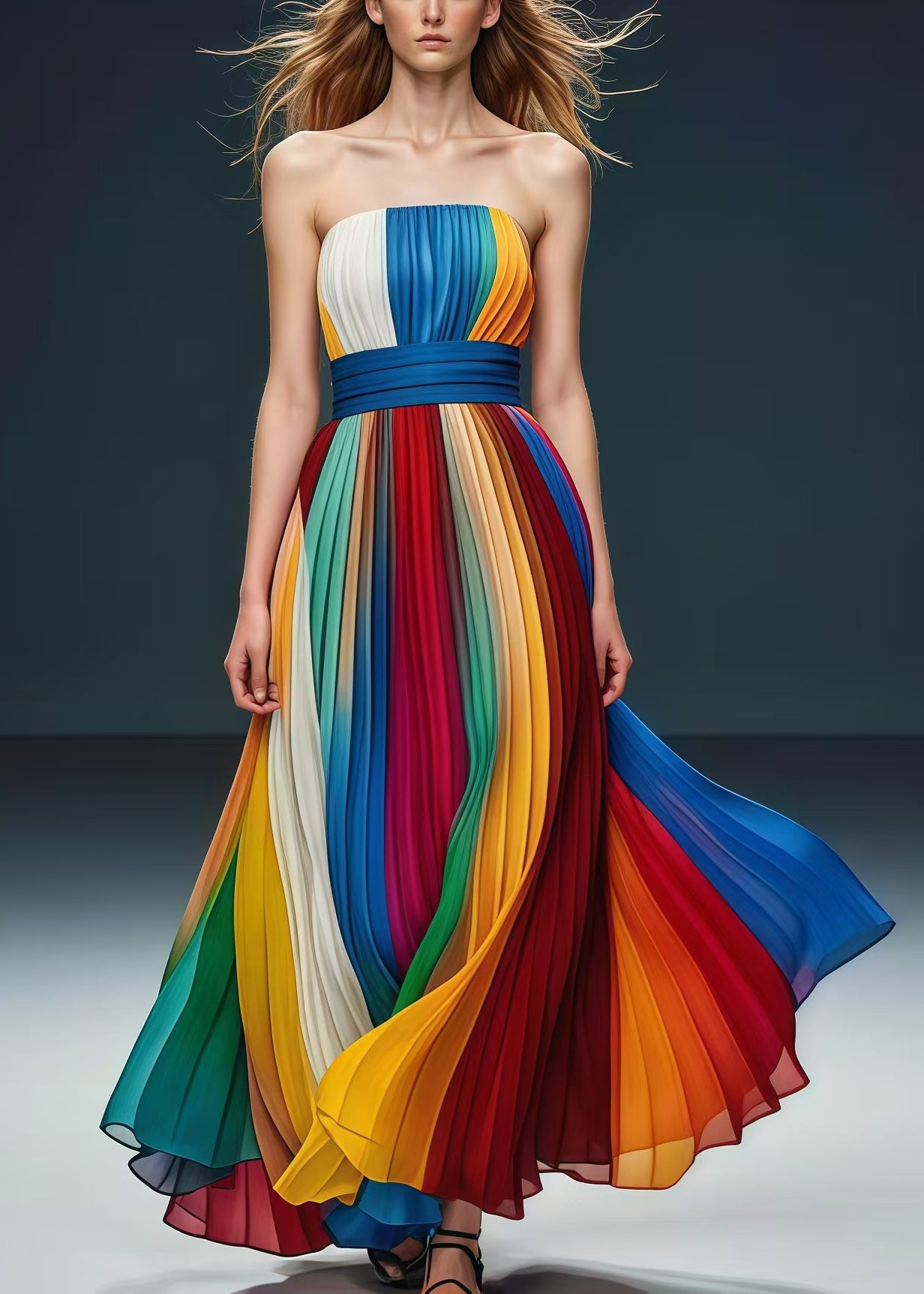 Rainbow Cinched Exra Large Hem Chiffon Strapless Pleated Dress Summer