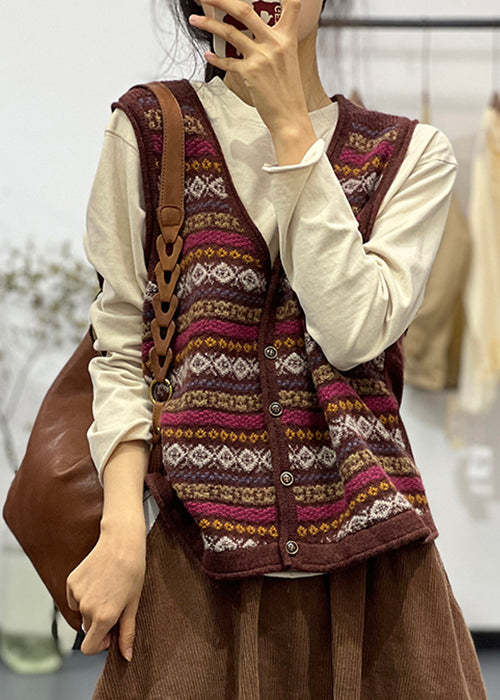 Green V Neck Button Cotton Knit Waistcoat Sleeveless