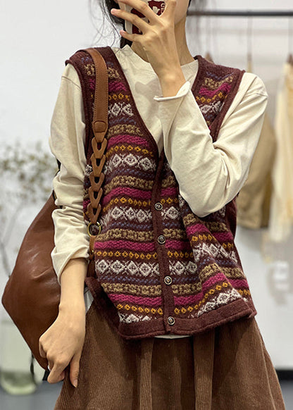 Green V Neck Button Cotton Knit Waistcoat Sleeveless