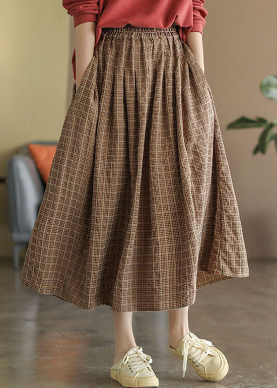 Khaki Elastic Waist Pockets Plaid Cotton a Line Skirts Spring