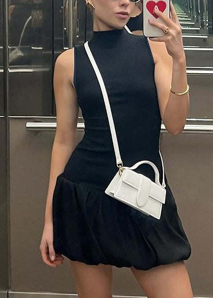 Black Hollow Out Backless Patchwork Cotton Dress Sleeveless