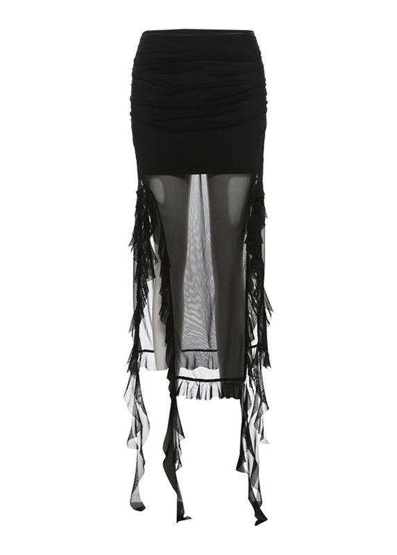 Black Ruffled Patchwork Side Open Tulle Skirts Summer