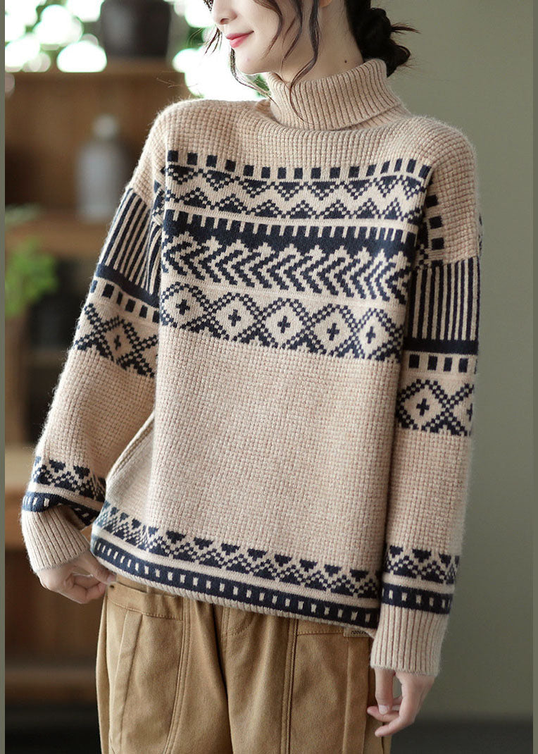 Handmade Apricot Turtle Neck Thick Print Knit Pullover Spring
