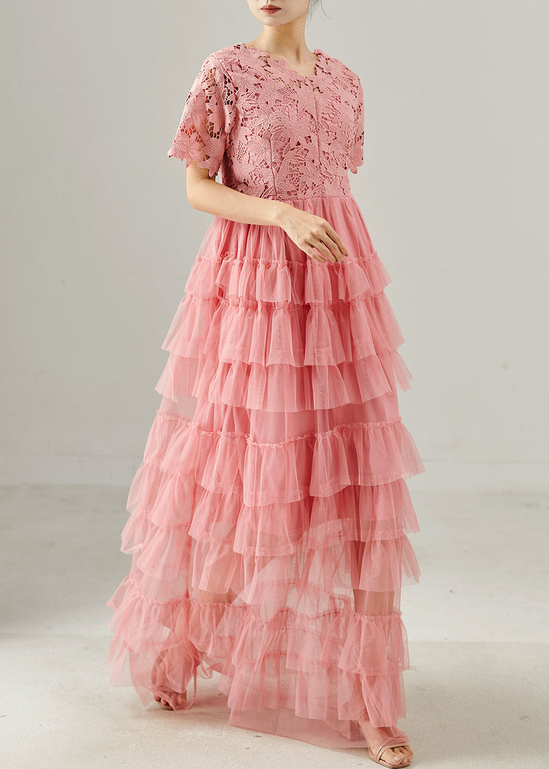 Pink V Neck Patchwork Tulle Long Dress Summer