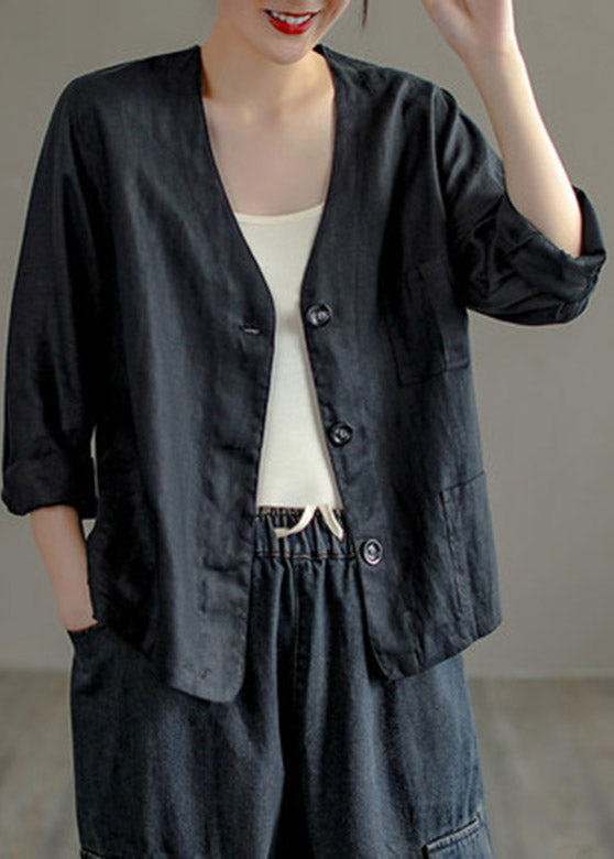 Chocolate V Neck Patchwork Button Linen Shirt Long Sleev