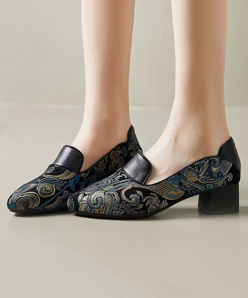 Green Chunky Heel Embossed Splicing