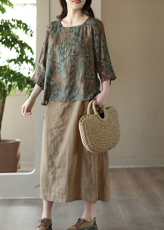 Khaki Pockets Patchwork Cotton a Line Skirts Summer