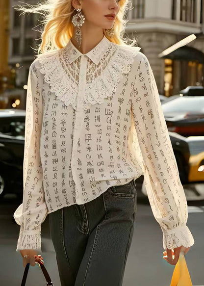 Beige Print Patchwork Lace Hollow Out Shirts Spring