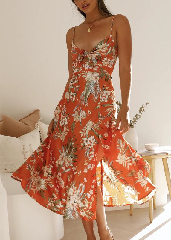 Unique Multicolor Backless Hollow Out Print Cotton Spaghetti Strap Dress Summer