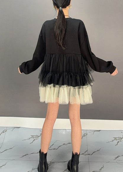 Stylish Black O-neck Patchwork Wrinkled Shirt Spring
