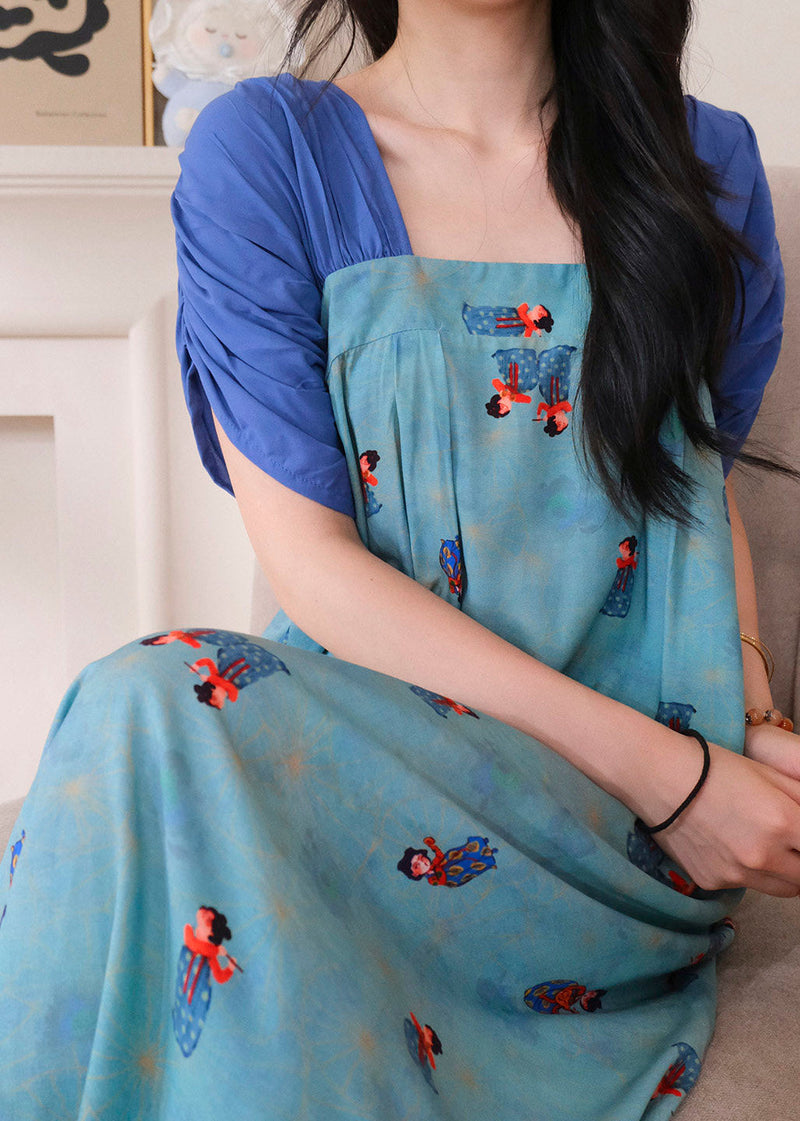 Brief Blue Square Collar Print Long Dresses Pajama Short Sleeve