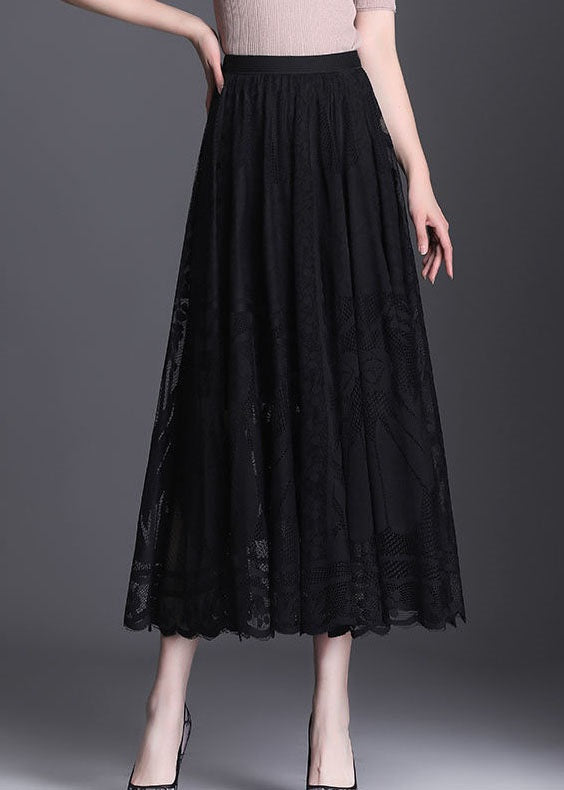 Fine Black Wrinkled Patchwork Hollow Out Lace Skirt