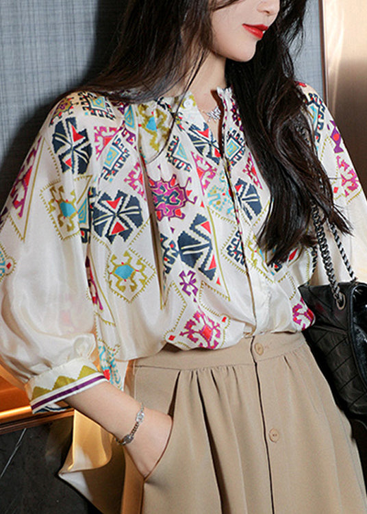 White O Neck Print Chiffon Shirt Spring