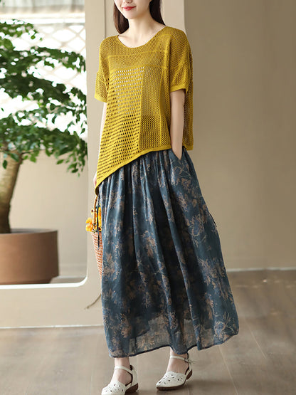 Summer Artsy Drawstring Loose Ramie Skirt