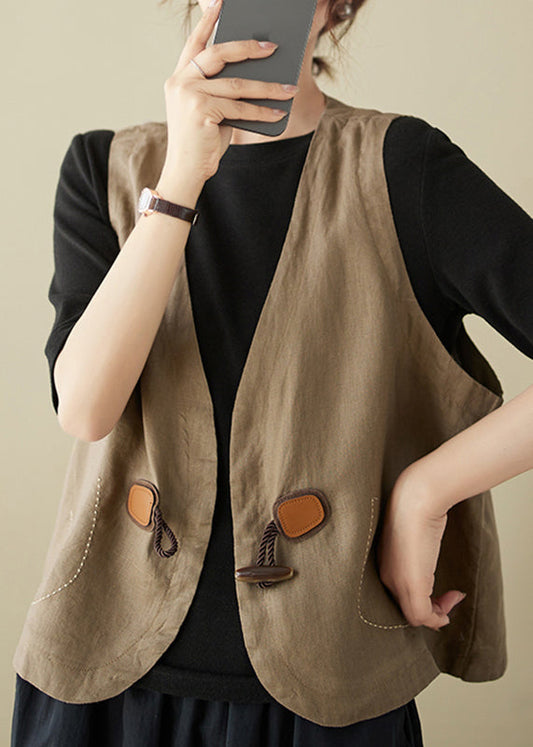 Khaki V Neck Horn Button Cotton Vest Sleeveless