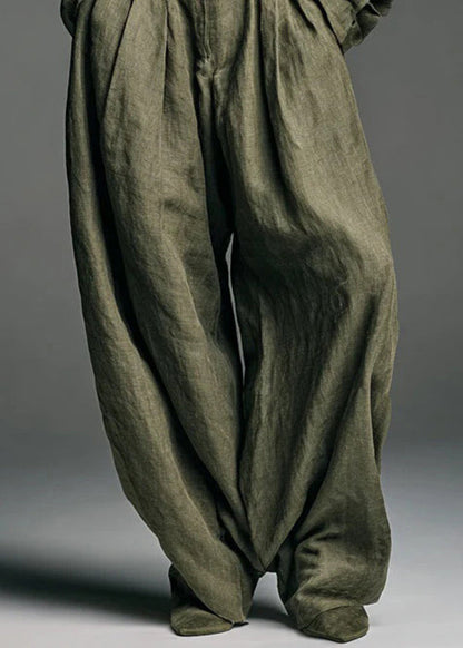 Army Green Button Pockets Shirts and Pants Two Piece Set Spring