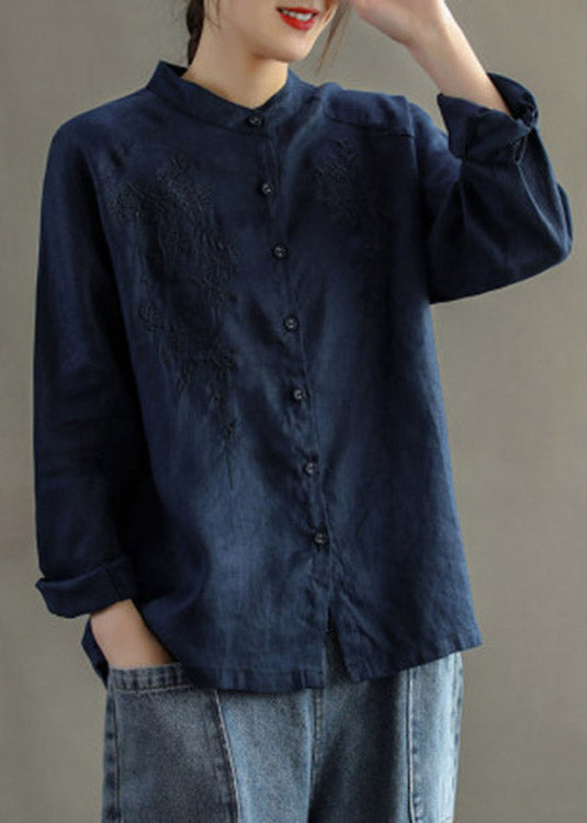 Chocolate Stand Collar Embroidered Button Linen Shirts Long Sleeve