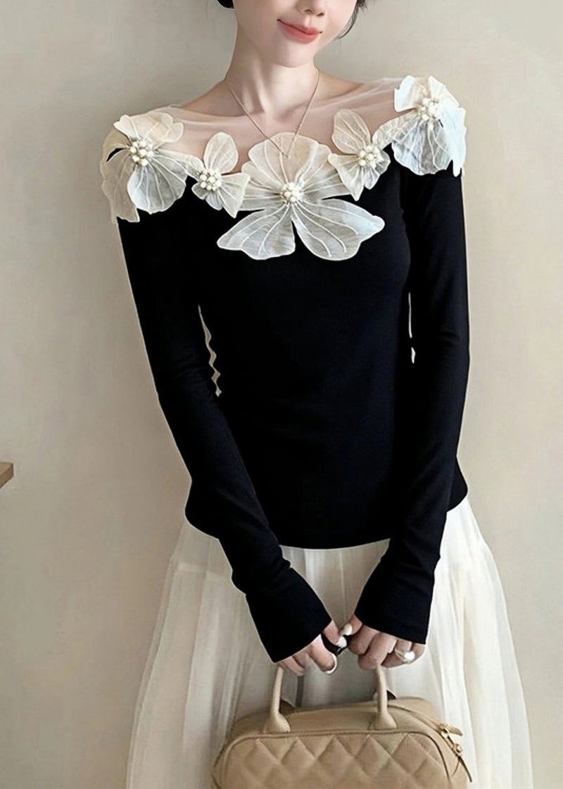 Stylish Black Slash Neck Nail Bead Knit Tops Spring