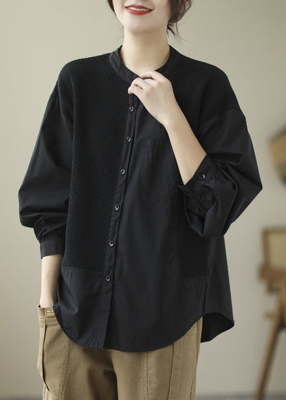 Black O-neck Button Cotton Tops Long Sleeve
