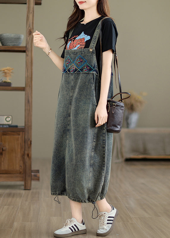 Grey Pockets Patchwork Drawstring Denim Maxi Dresses Summer