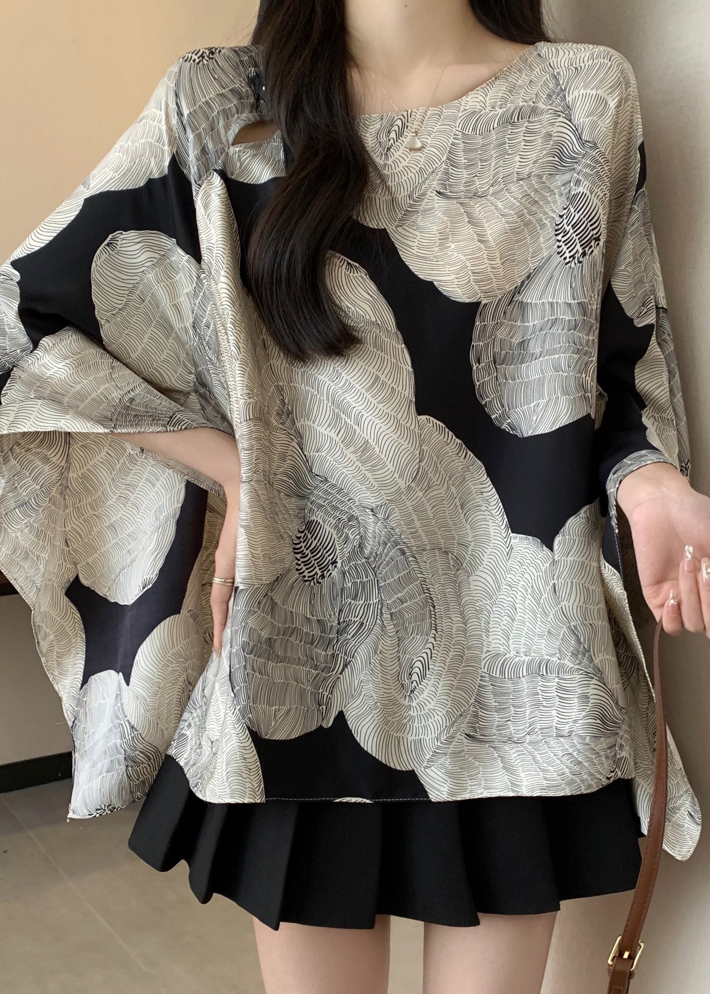 French O-neck Print Batwing Sleeve Shirt Top