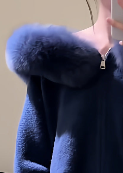 New Blue Hooded Fur Collar Zippered Knit Coats Winter