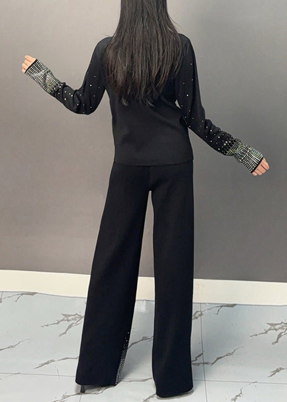 Classy Black V Neck Dot Print Knit Top and Wide Leg Pants Two Pieces Set Winter
