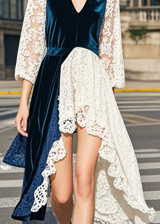 Navy Asymmetrical Lace Patchwork Silk Velvet Dresses Summer