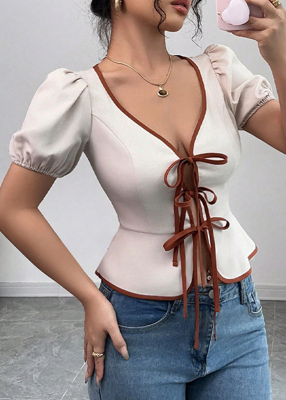 French White V Neck Lace Up Puff Sleeve Cotton Top