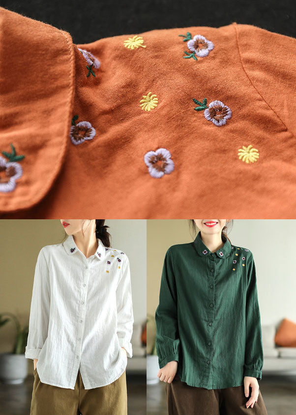 Diy Orange Turn-down Collar Embroidered Cotton Shirts Spring