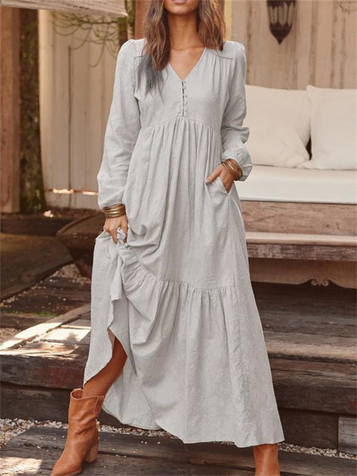 Color Buttoned Cotton and Linen Retro Long-sleeved Dresses Swing Long Dress