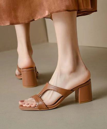 Brown Chunky Heel Cowhide Leather Hollow Out Slide Sandals