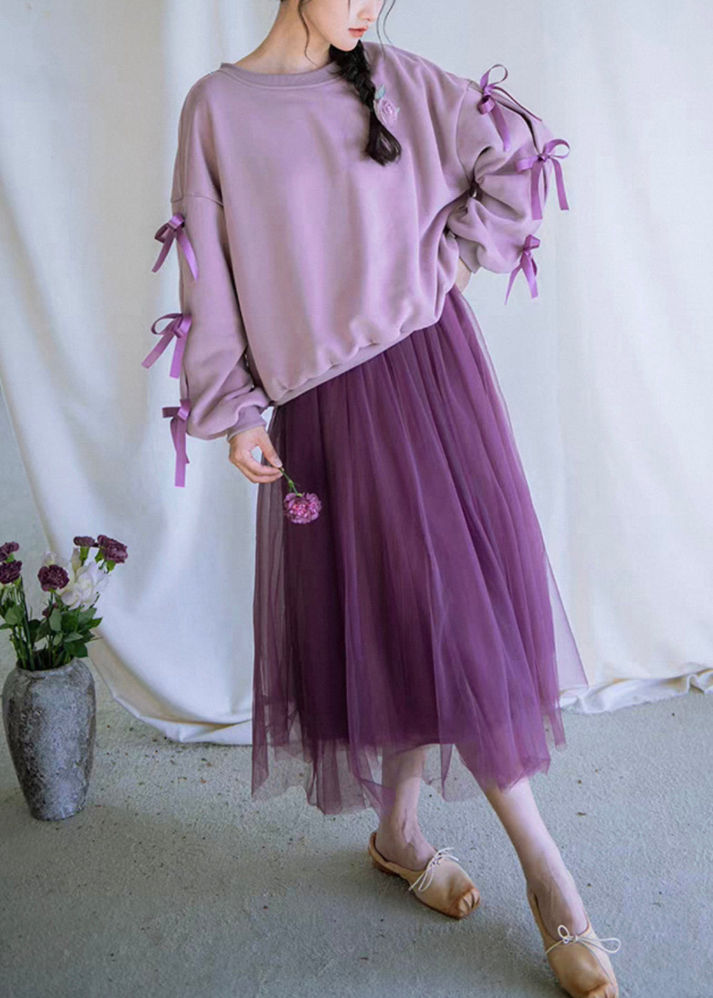 Loose Purple Bow Cotton Sweatshirt and Tulle Dress Two Pieces Set Fall