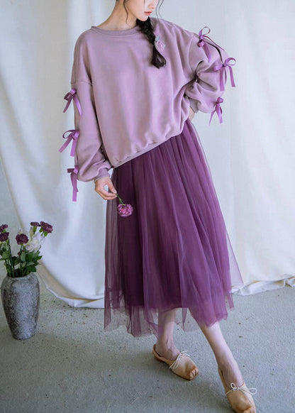 Loose Purple Bow Cotton Sweatshirt and Tulle Dress Two Pieces Set Fall