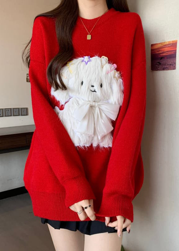 Red O Neck Dogs Loose Knit Sweaters Spring