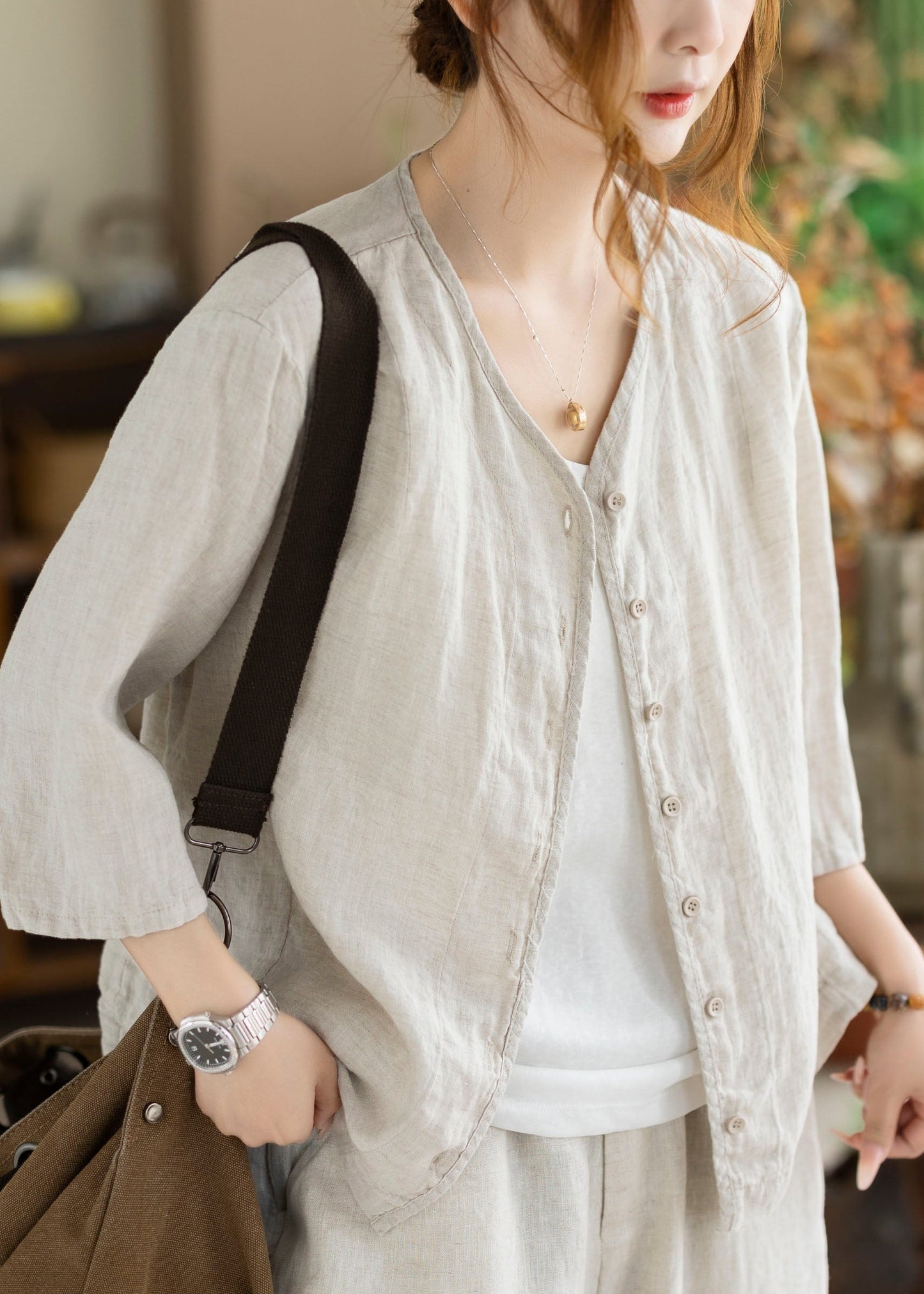 New Coffee V Neck Button Linen Cardigan Bracelet Sleeve