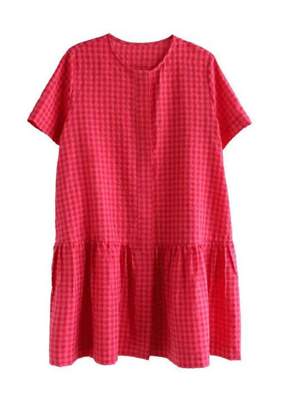 Red O Neck Plaid Cotton Mid Dresses Summer