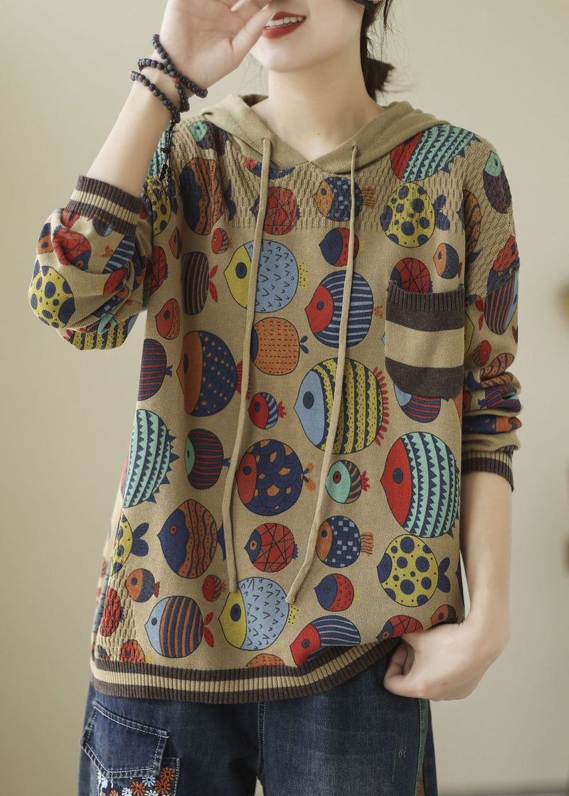 Art Khaki Hooded Print Knit Sweatshirt Winter