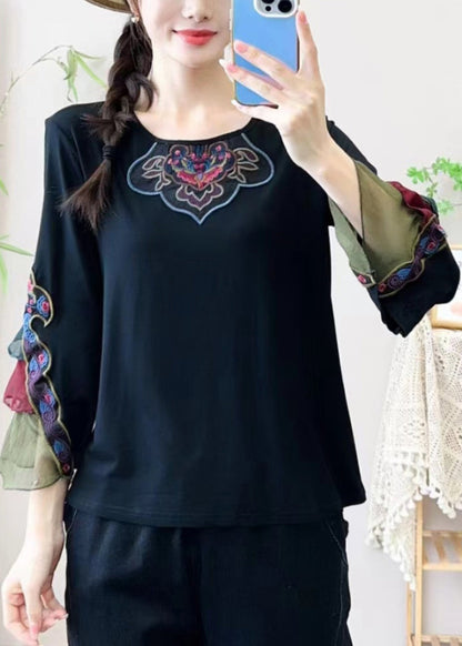 Retro Black Embroidered Tulle Patchwork Shirt Bracelet Sleeve