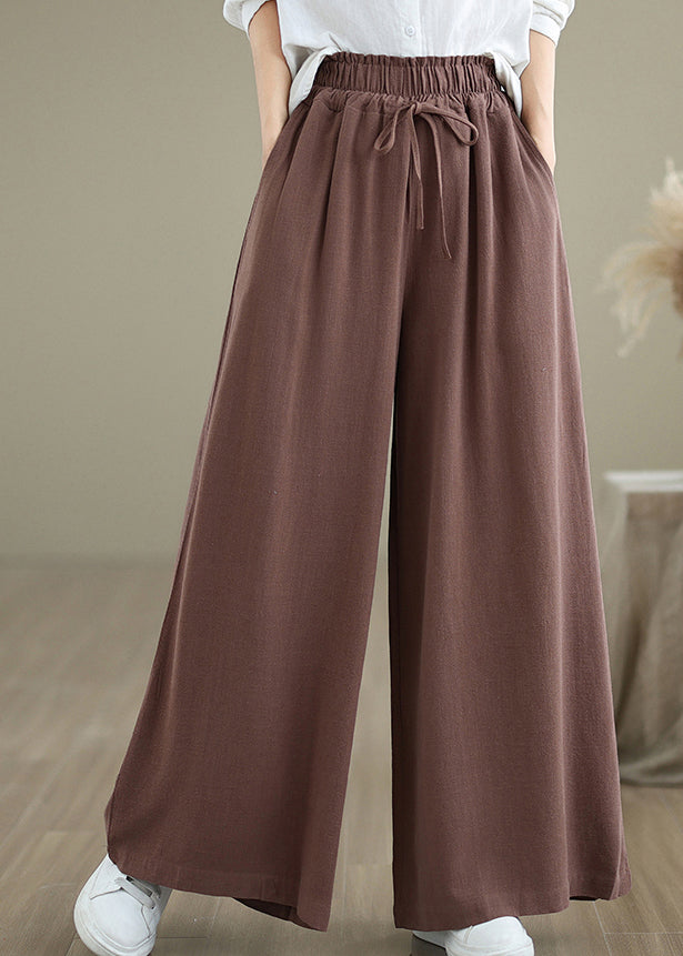 Coffee Pockets Drawstring Cotton Wide Leg Pants Fall