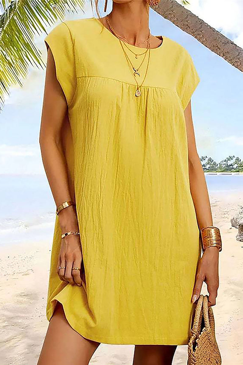 Sleeveless Round Neck Color Cotton and Linen Dress