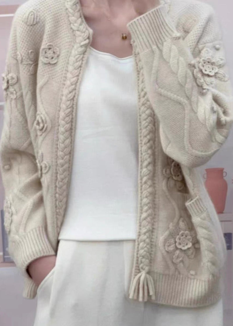 Handmade Camel Pockets Cable Knit Woolen Cardigans Spring