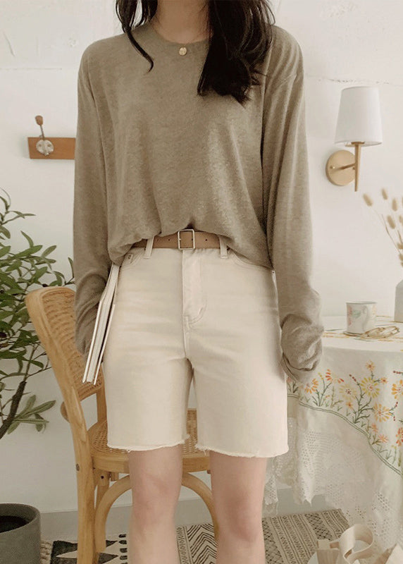 Beige O Neck Versatile Cotton T Shirts Spring