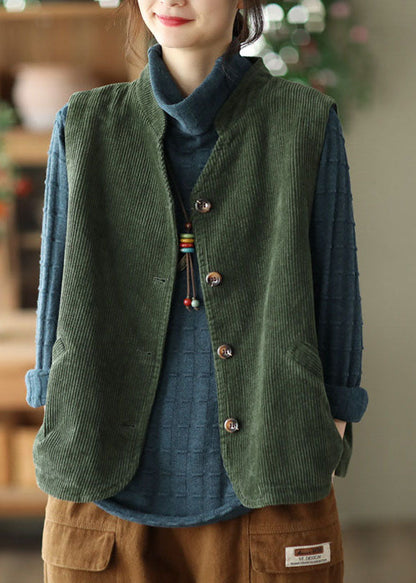 Boutique Green Stand Collar Corduroy Vest Tops Fall