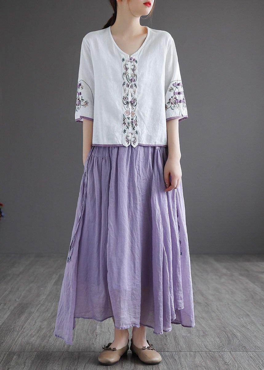Diy White Button Embroidered Summer Linen Half Sleeve Shirt Top