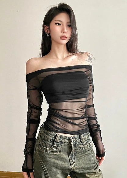 Brown Tulle Hollow One Line Neck Long Sleeved T Shirt Top